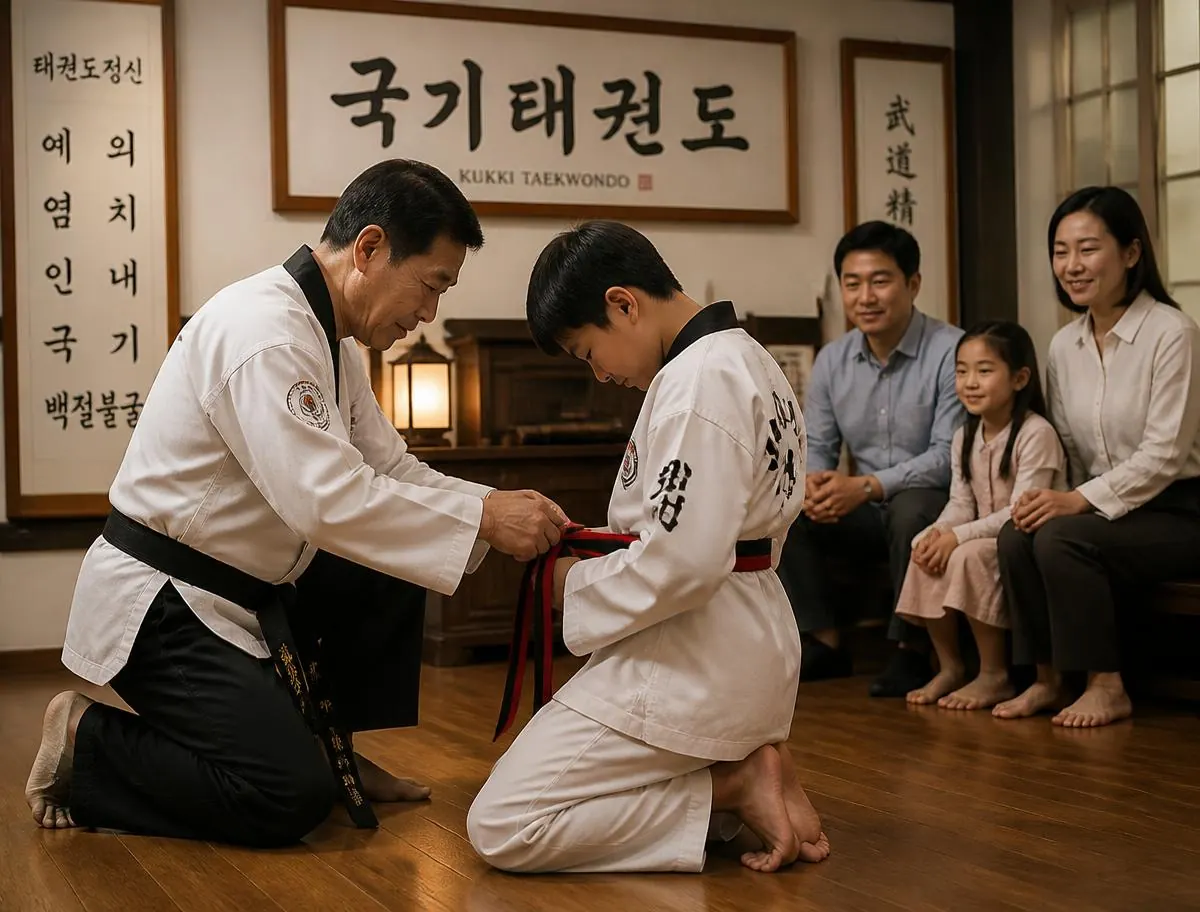 Master tying a new belt on a kneeling student