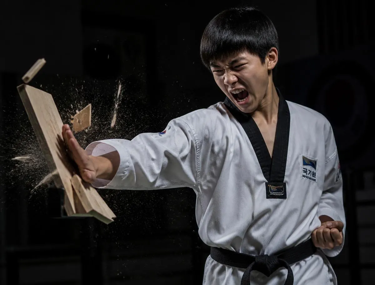 Student breaking a wooden board with a palm strike