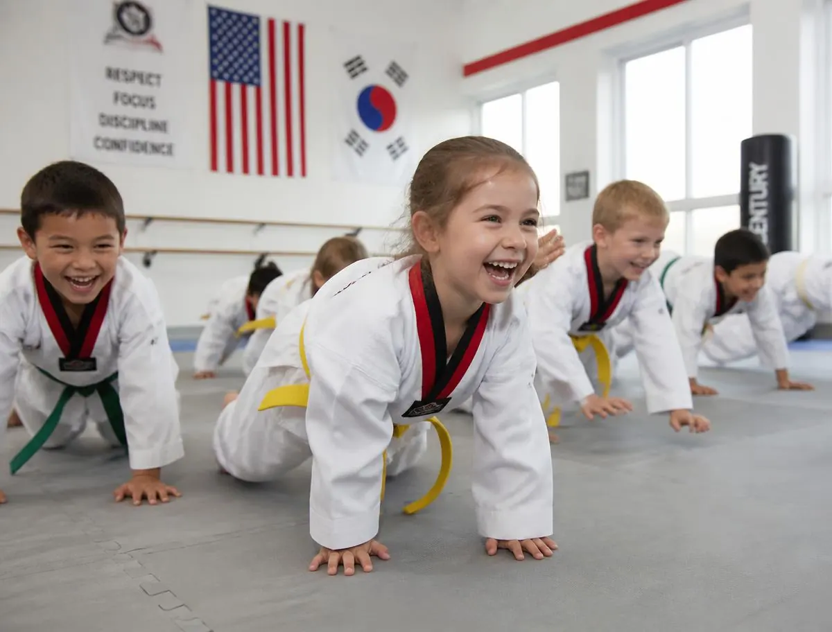 Children in doboks doing a conditioning drill
