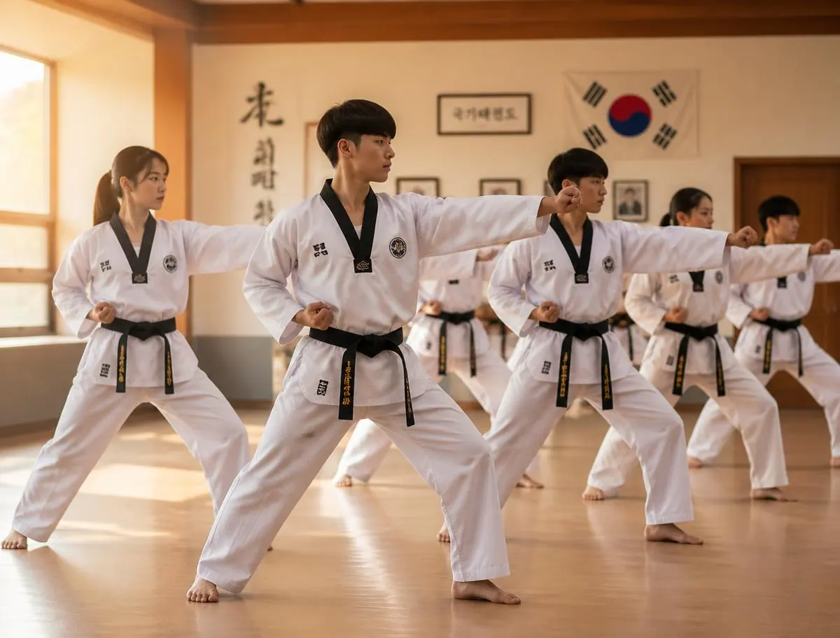 Students performing a synchronized taekwondo form