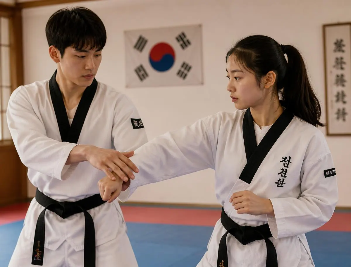 Two students practising a self defence wrist release