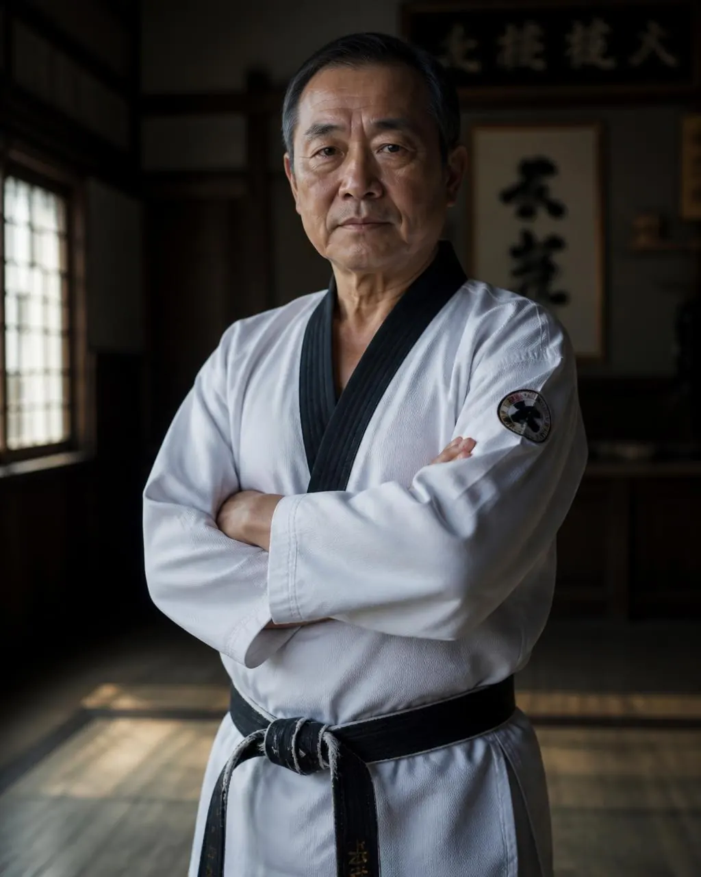 Instructor in a white dobok with a black belt inside the dojang